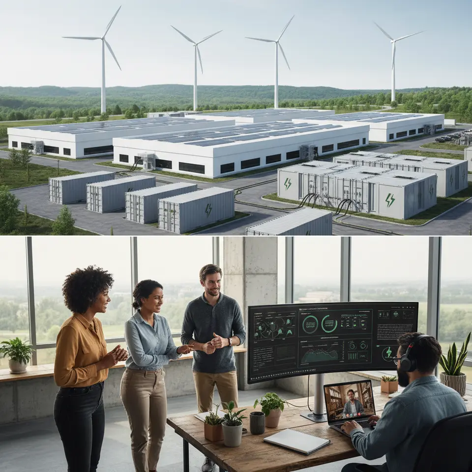An integrated renewable energy microgrid powering IT infrastructure, featuring solar panels on data center roofs, wind turbines, battery storage, and modular microgrid units, connected to remote workstations via cloud, illustrating green power supply and remote collaboration